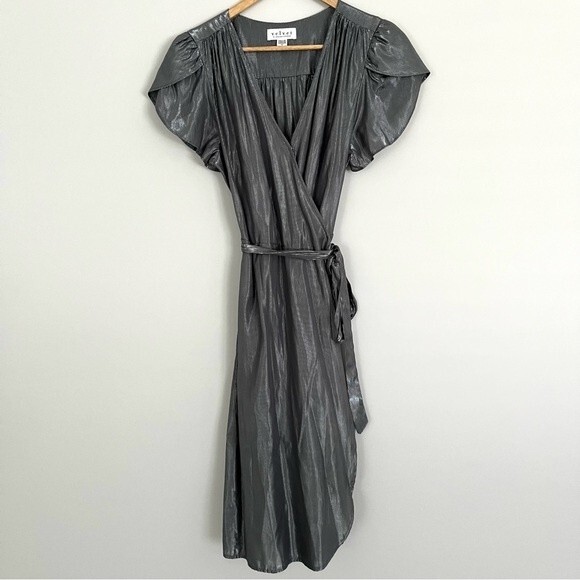 Velvet by Graham & Spencer Anthropologie Calina Metallic Silver Wrap Dress, Sz S - Picture 2 of 12